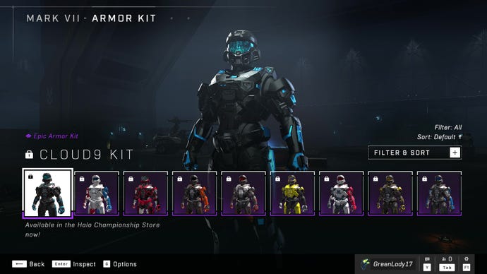 Halo Infinite’s Mark VII Armor Core, sporting the Cloud9 Armor Kit customisation.