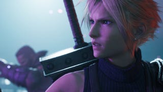 Final Fantasy's Cloud McStrife, up close and gritting his teeth in determination. Over his shoulder the haft of his enormous Buster Sword can be seen.