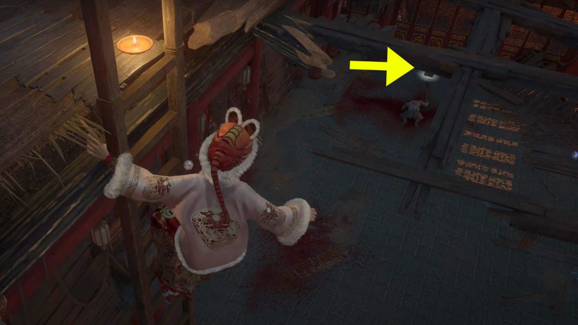 A yellow arrow points to the Cloudpiercer's location, in a chest on a lower floor of Zhenwu Temple  in Wuchang Fallen Feathers. - 10