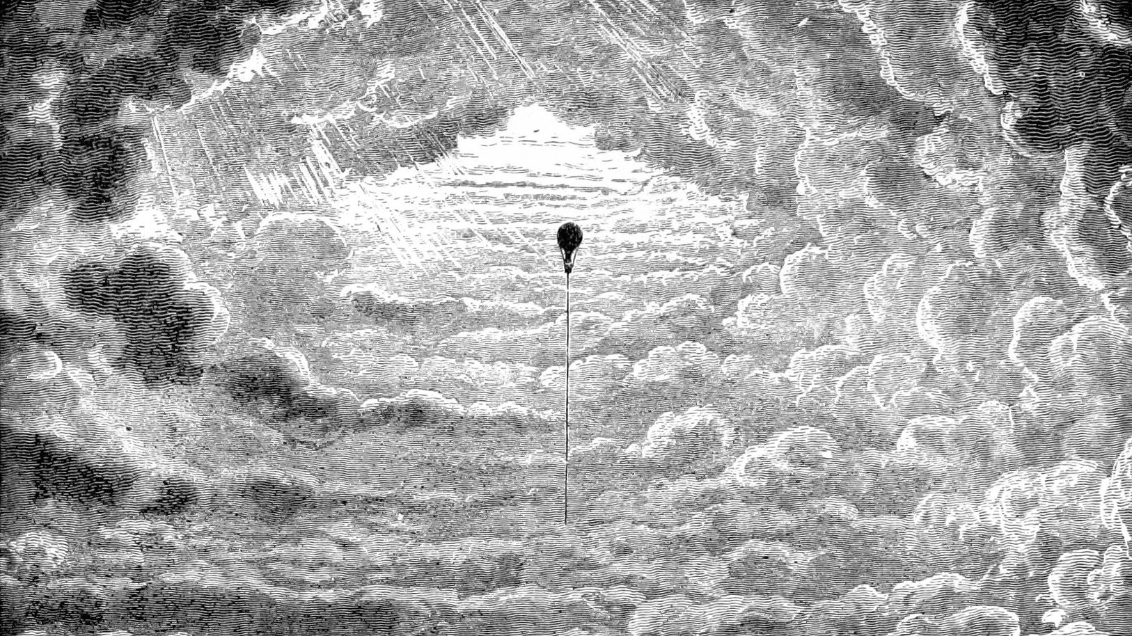 A balloon rises into thick clouds in an illustration from &lsquo;The Half Hour Library of Travel, Nature and Science for young readers&rsquo;.