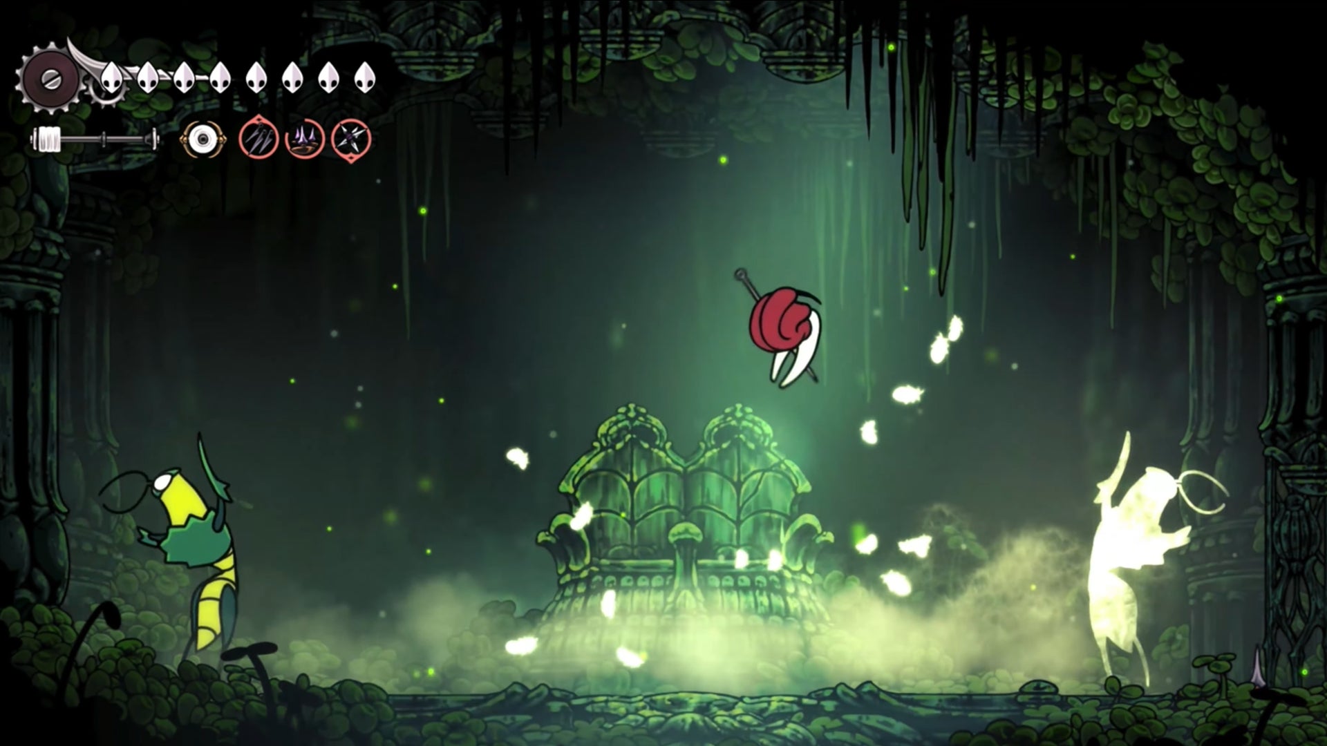 Hornet does a flip in between the Clover Dancers - a Hollow Knight: Silksong boss duo composed of the Green Prince (a grasshopper) and his ghostly double. - 81