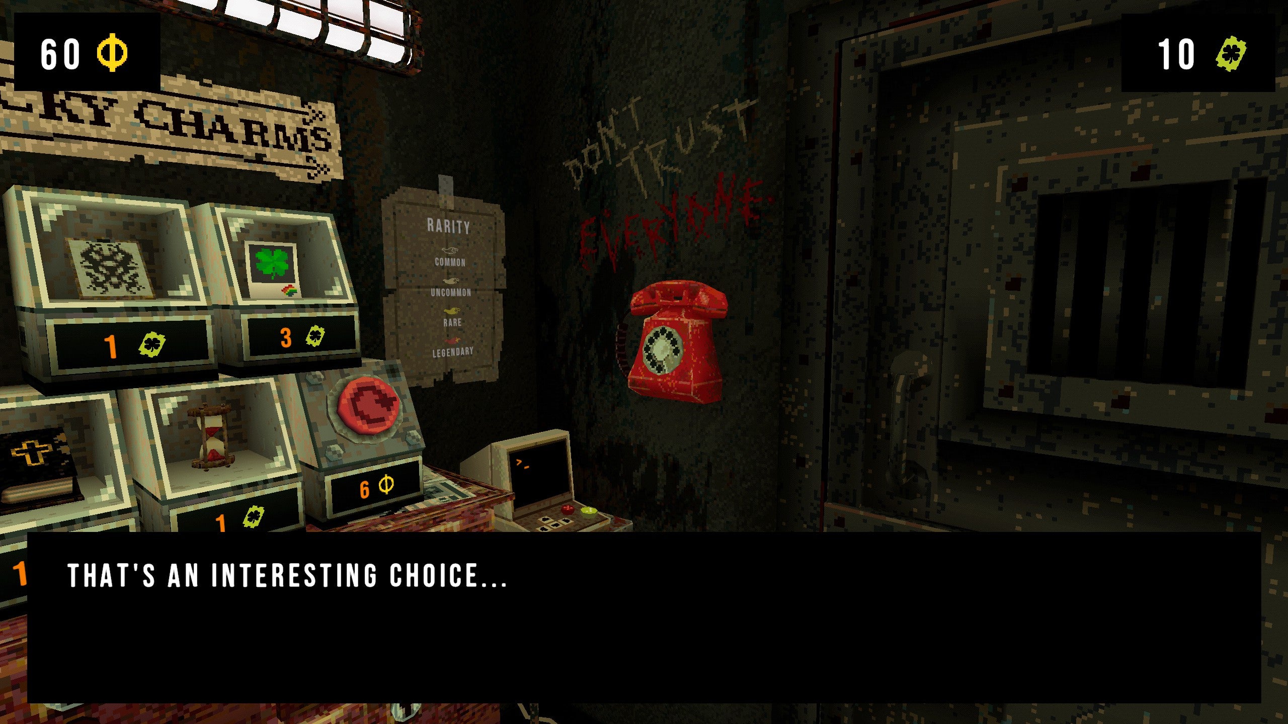 A rusted metal cell of a room with a red phone on the wall and the words "don't trust everyone" scratched onto the wall above.