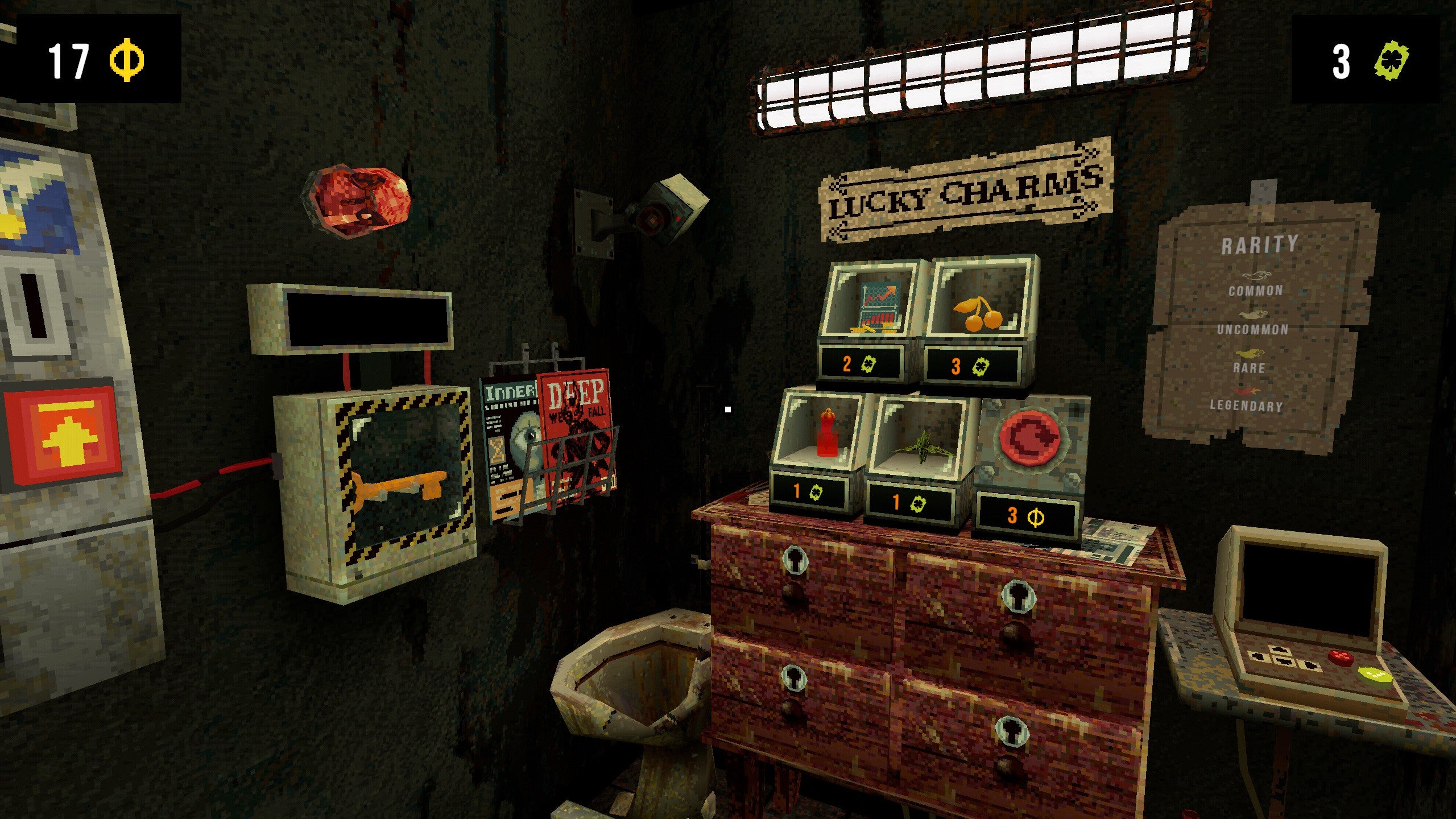 The back part of a rusty metal cell, showing a display of charms that are for sale, and a magazine rack and a machine on the wall with a coin slot.