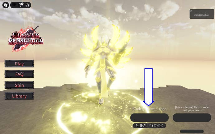 A screenshot of Clover Retribution in Roblox showing the game's codes field.