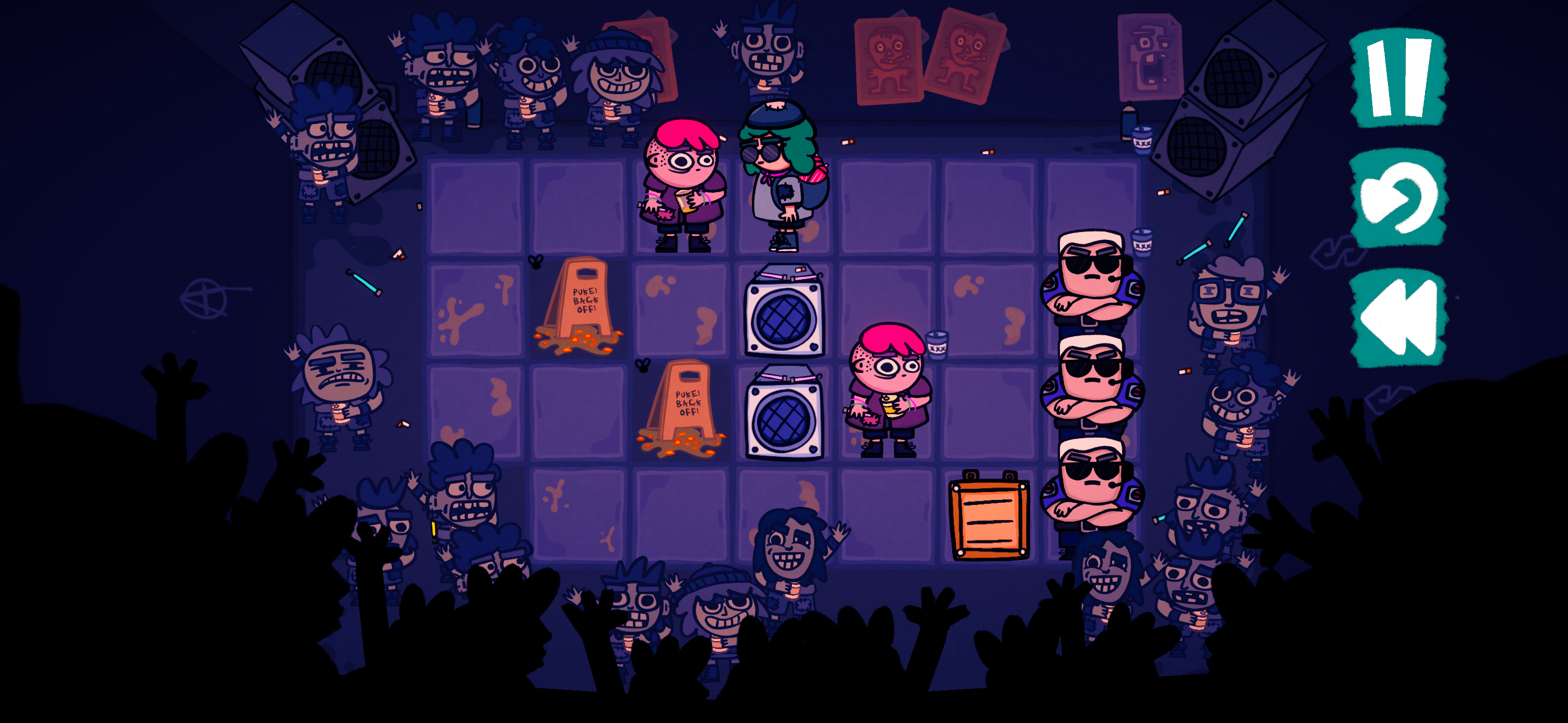 Club Soko screenshot showing a sokoban board with bouncers and nightclub dancers on it, coloured purple