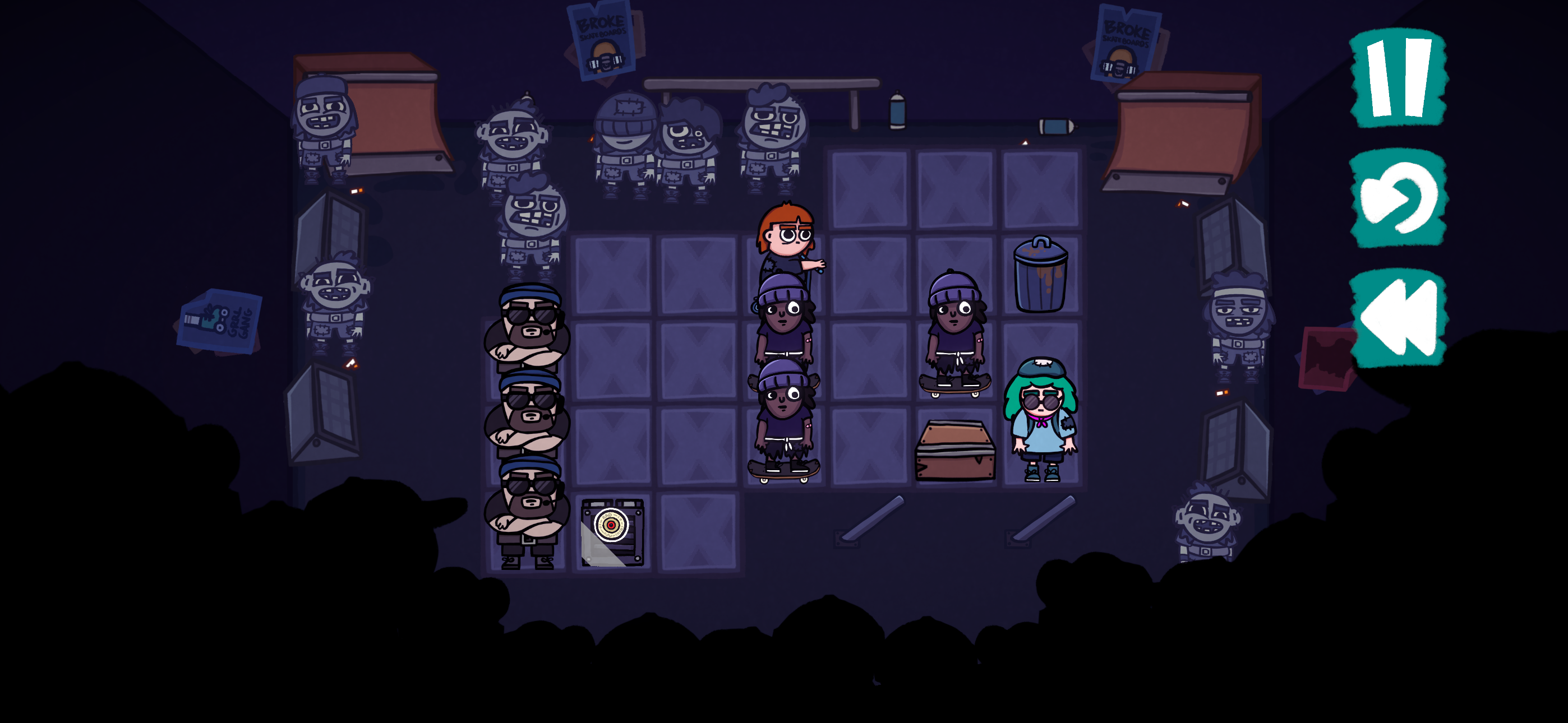 Club Soko screenshot showing a sokoban-style grid in a nightclub room, with a purple hue