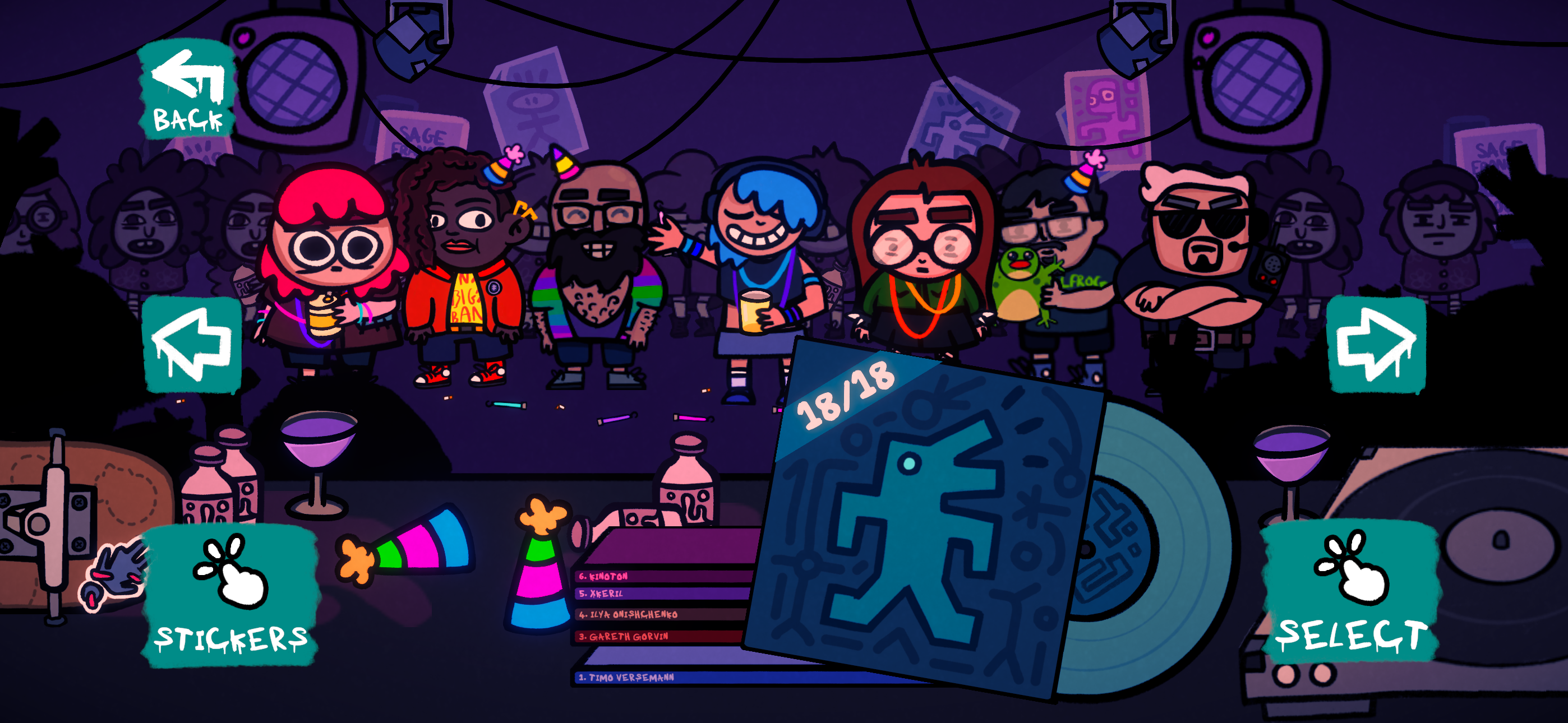 Club Soko screenshot showing cartoon characters and signs in a nightclub