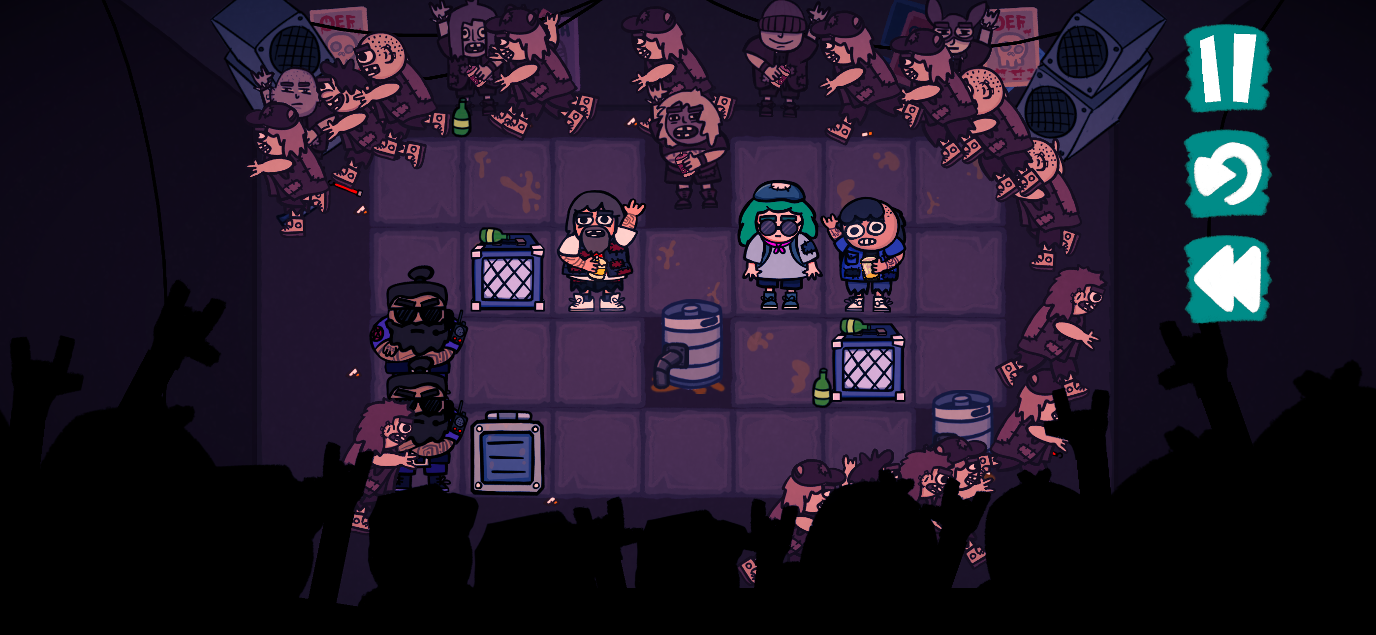 Club Soko screenshot showing a nightclub with a sokoban grid in a purple hue