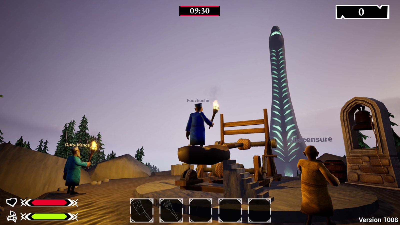 Three players face a long-necked kaiju, as one of the players stands on a catapult. - 1