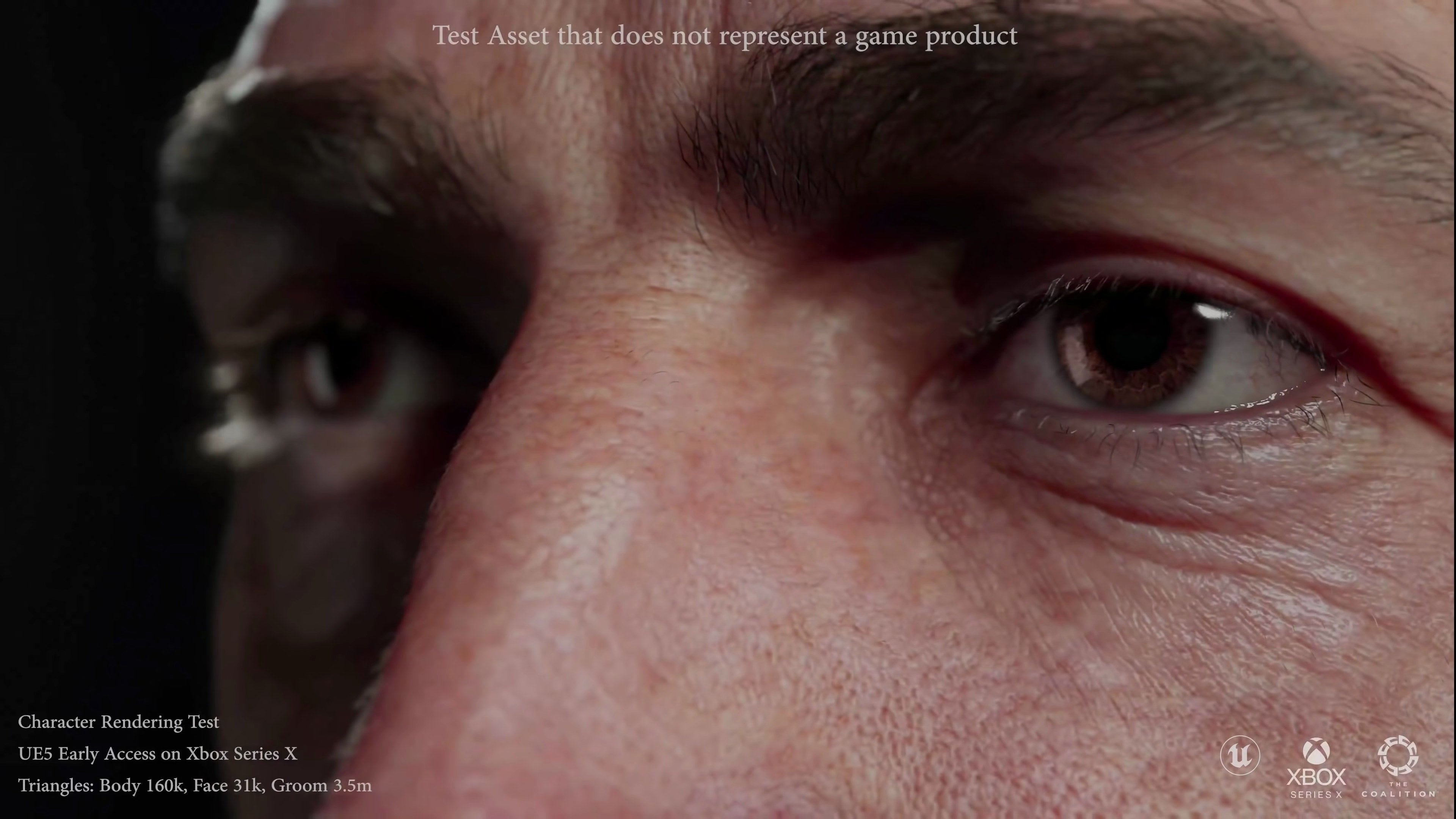 A close-up on a man&rsquo;s eyes in The Coalition&rsquo;s Unreal Engine 5 tech demo video.