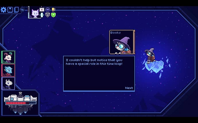 A small critter named Books sits on a blue crystal in space in Cobalt Core