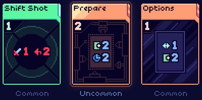 A screenshot of three different cards in Cobalt Core next to one another.
