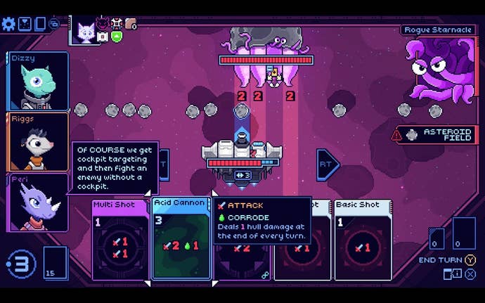 A trio of animals in a spaceship bemoan the lack of cockpit on a giant purple nautilus in Cobalt Core after they get a special cockpit power-up