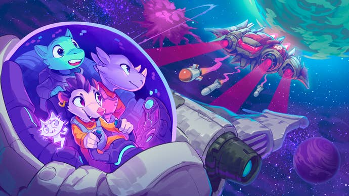 Cobalt Core official artwork showing several wide-eyed animal characters in a space ship fighting another in a colourful version of space.