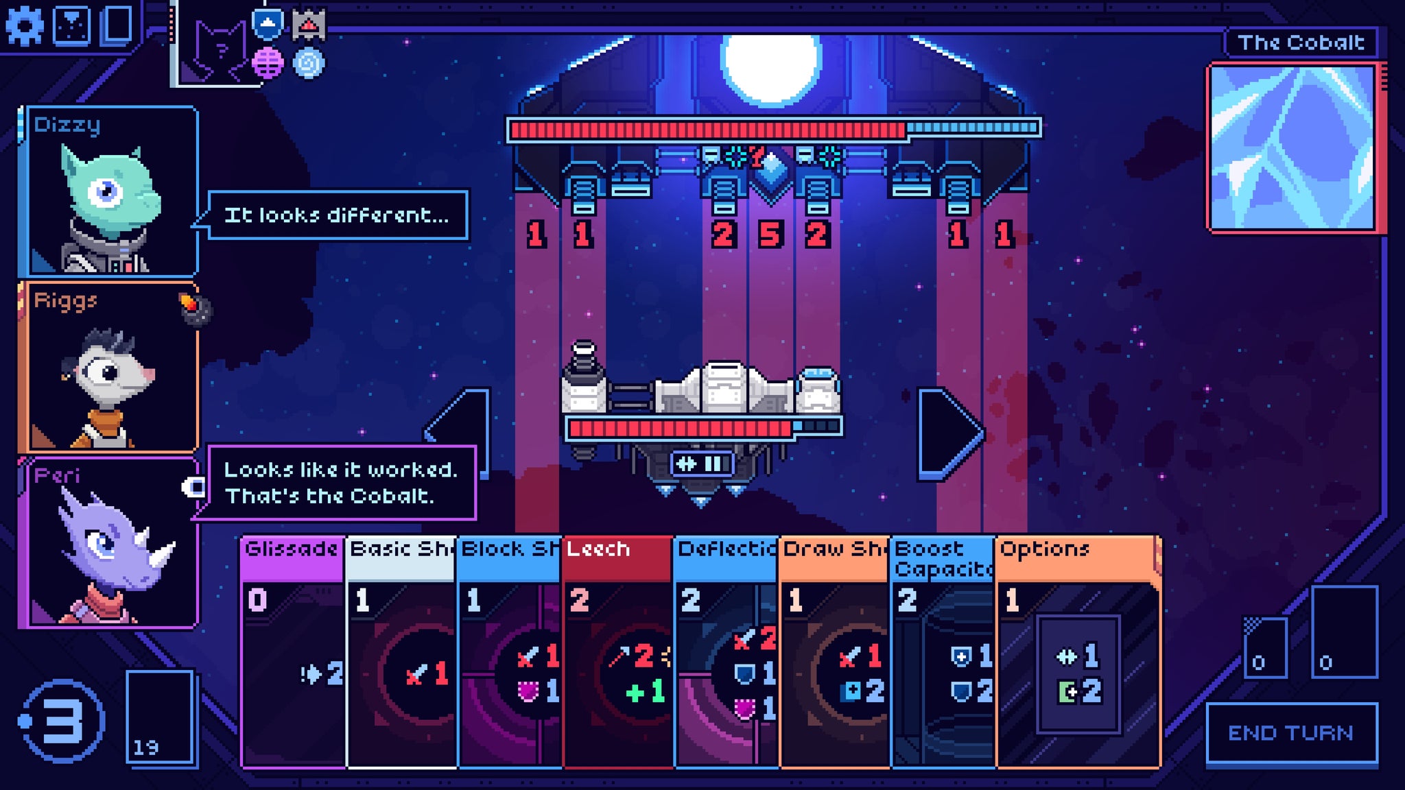 A spaceship prepares to dodge incoming cannon fire from an even larger ship in Cobalt Core. - 9