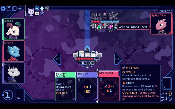 A pink lizard announces themselves as Spike Two in Cobalt Core