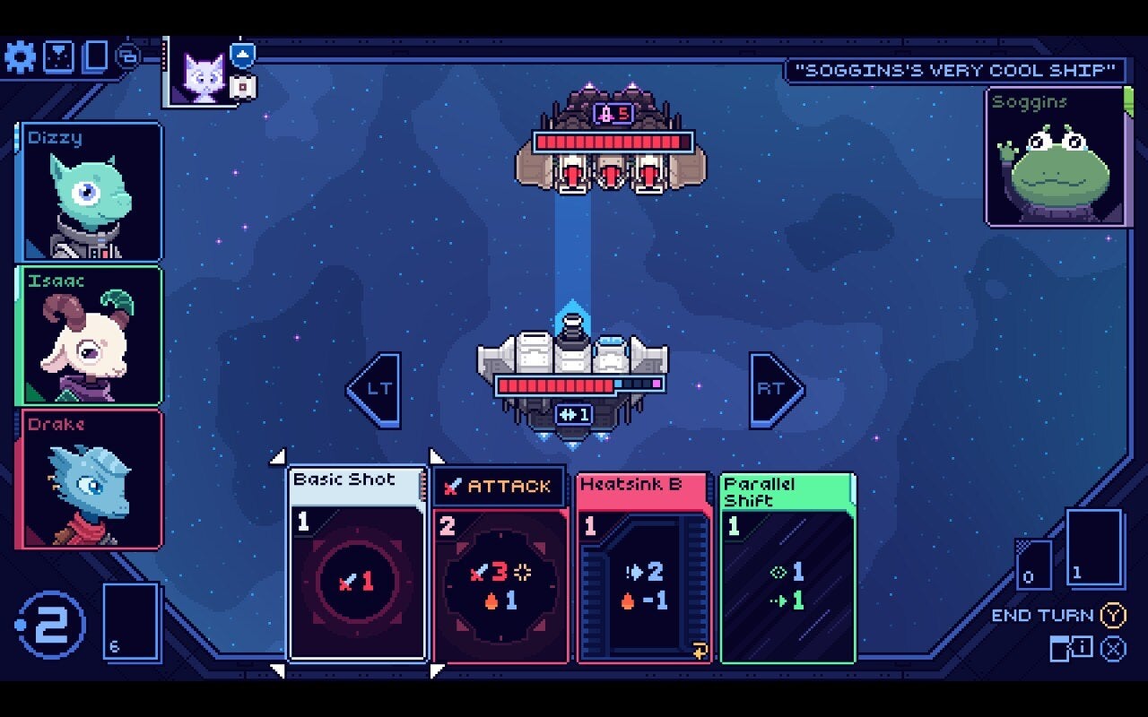 A space ship fights a ship piloted by a frog named Soggins in Cobalt Core