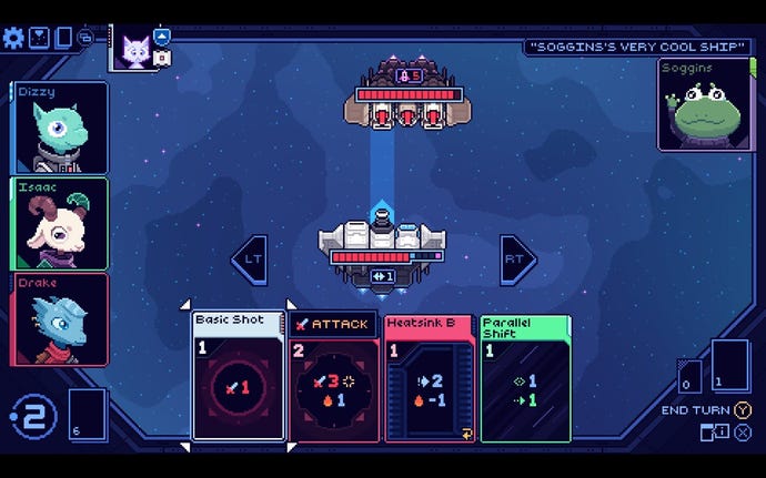 A space ship fights a ship piloted by a frog named Soggins in Cobalt Core