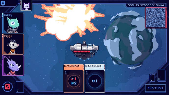 A screenshot from Cobalt Core. A pixelated spaceship has just destroyed another spaceship. There’s a big pixelated explosion. Pixel-yay!