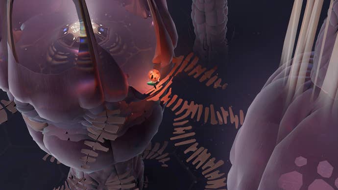 A tiny moth boy carries an orb on their back as they run across a large forest scene in Cocoon