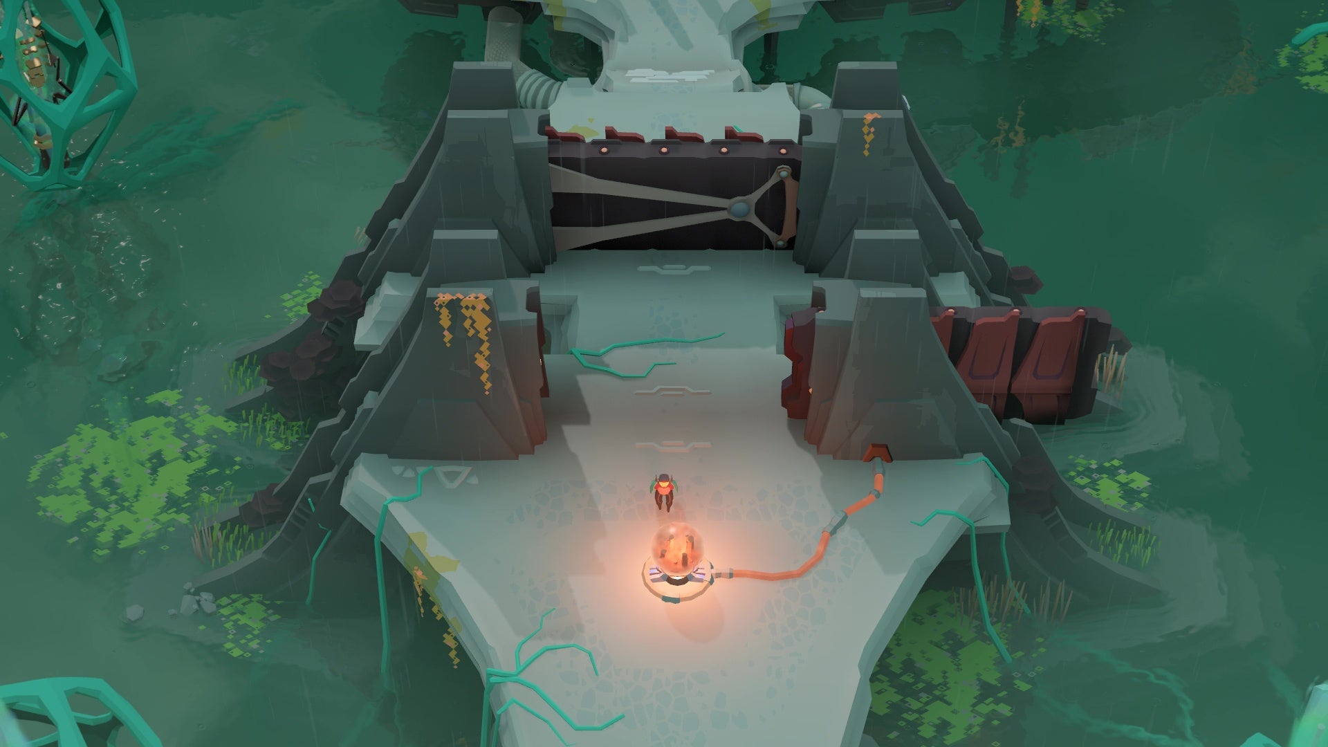 Insect lad has dropped an orange orb onto a receptacle, making a nearby door slide open in Cocoon. - 3