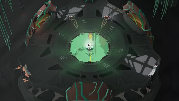 Insect lad stands by a pool of green as an orange laser whizzes below in Cocoon.