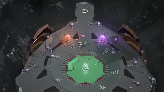 Insect lad positions a green, orange, and purple orb around a special platform in Cocoon.