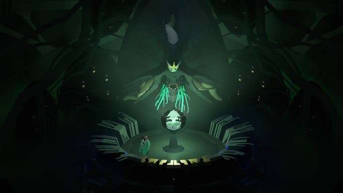 A screenshot of the game Cocoon, showing a largely dark scene that’s illuminated in the middle by a glowing green orb of some kind. A little character with insect wings stands nearby.