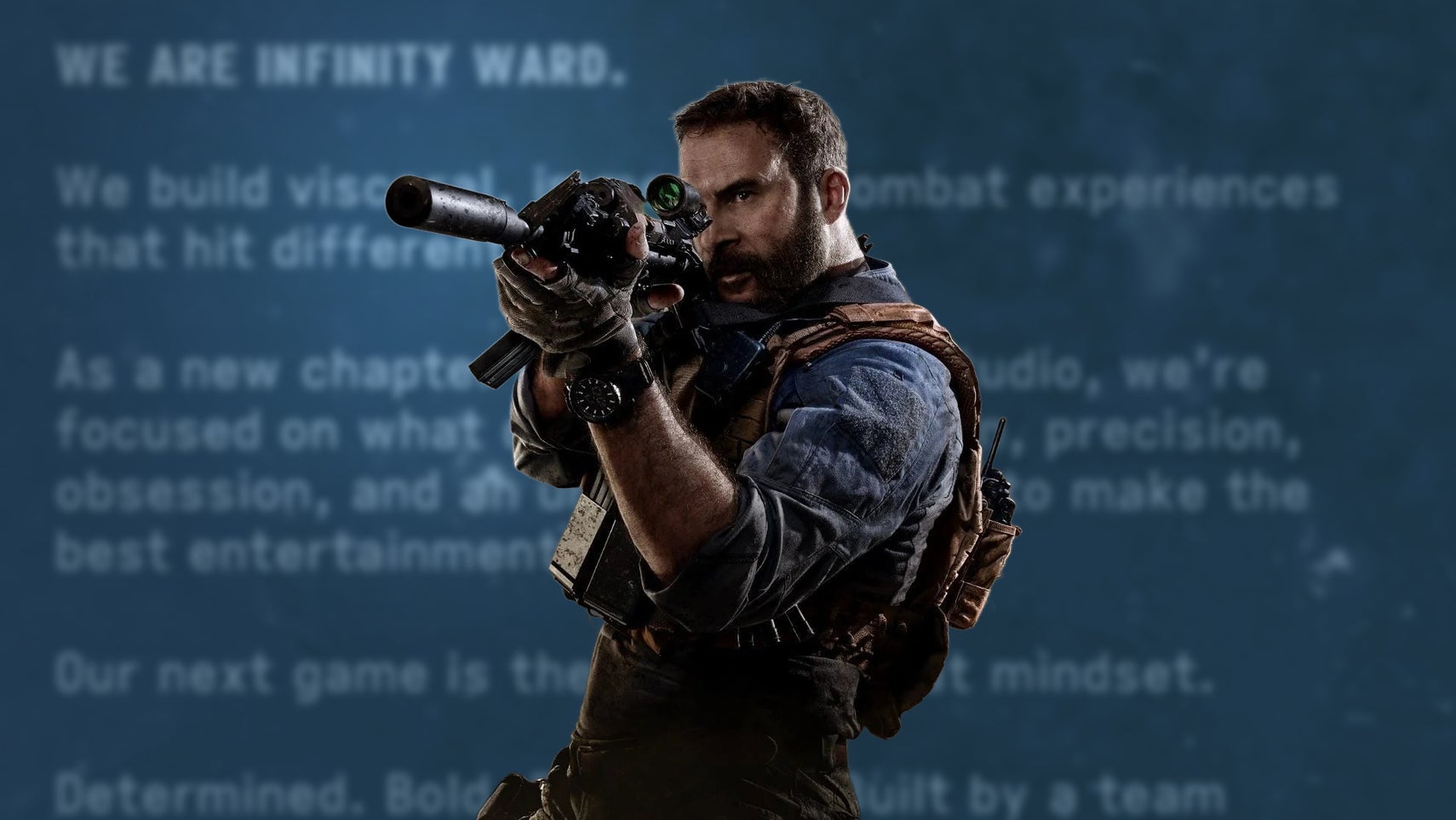 Call of Duty Modern Warfare soldier standing aiming down sights on a gun, over a blurred background stating a mission briefing from Infinity Ward in 2026.