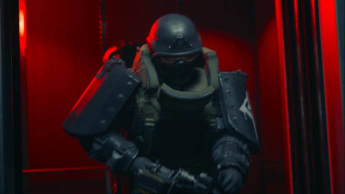 CoD Black Ops 6 screenshot showing an elite Pantheon officer entering like a pro wrestler in the campaign