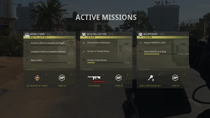 A selection of active missions in COD MW2’s DMZ mode.