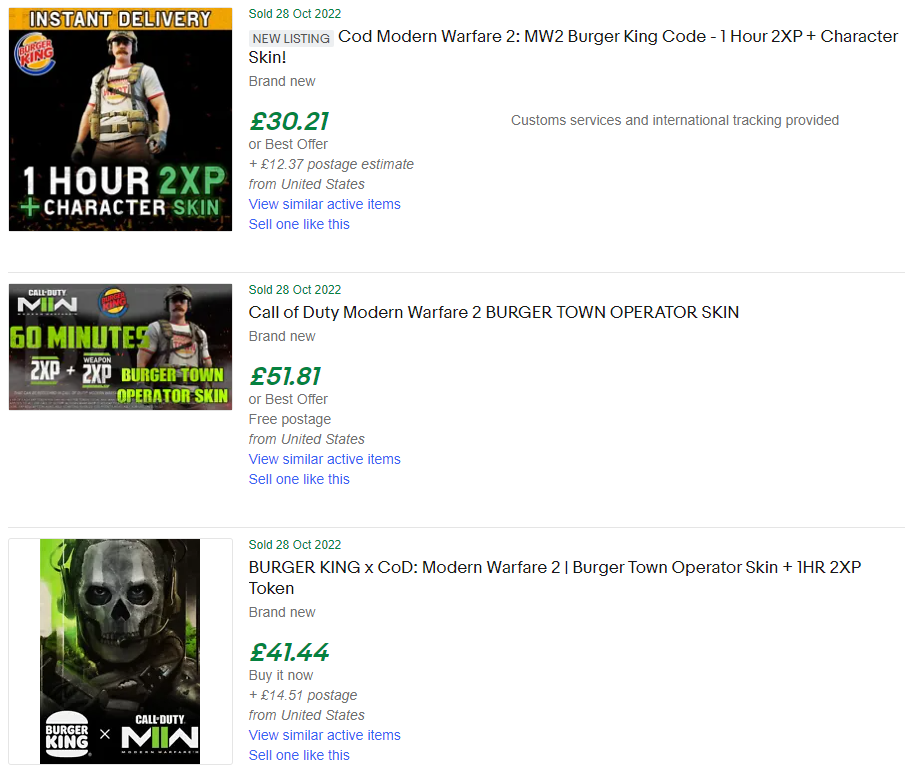 Call of Duty Burger King codes on eBay