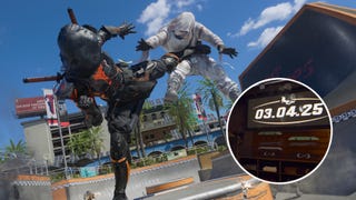A screenshot showing ninjas battling across Call of Duty: Black Ops 6's skatepark-themed Grind map, overlaid with an in-map easter egg pointing to a Tony Hawk announcement on 03.04.25.