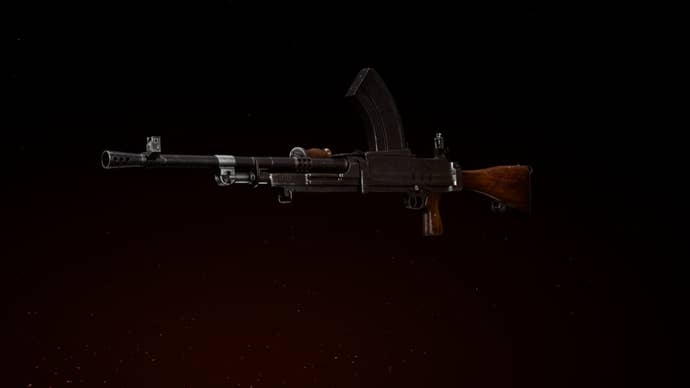 Bren LMG in the gunsmith preview screen in Call Of Duty: Vanguard. Dark background with fiery red hue in lower left corner.