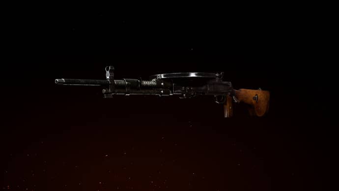 DP27 LMG in the gunsmith preview screen in Call Of Duty: Vanguard. Dark background with fiery red hue in lower left corner.