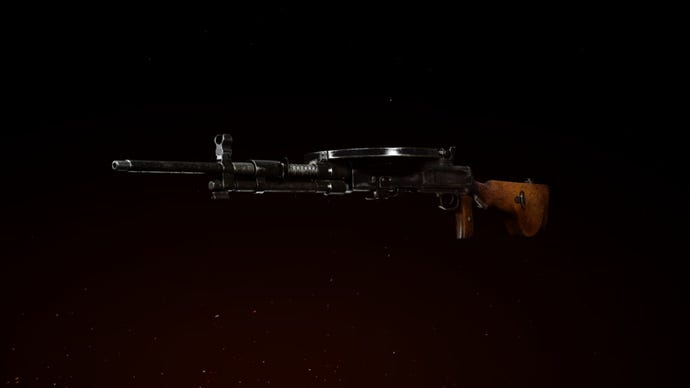DP27 LMG in the gunsmith preview screen in Call Of Duty: Vanguard. Dark background with fiery red hue in lower left corner.