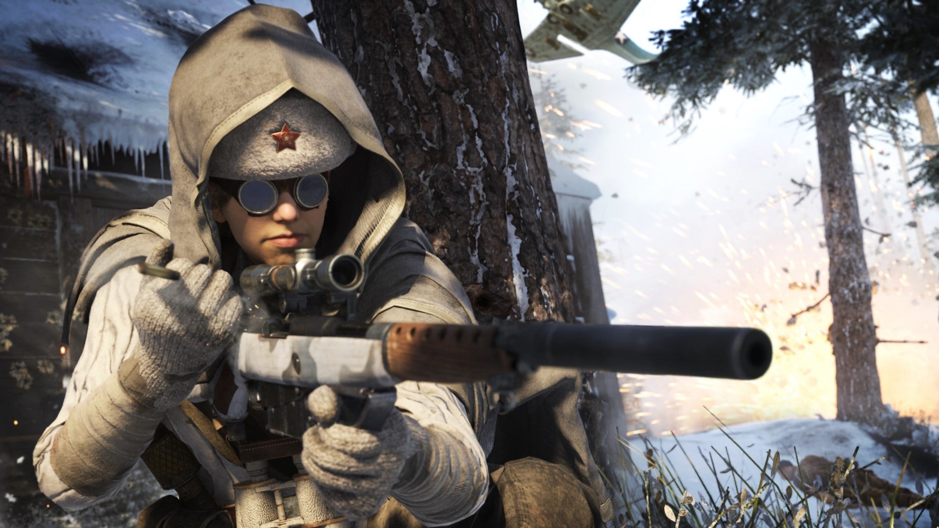 A sniper reloads the chamber in a snowy woodland backdrop.