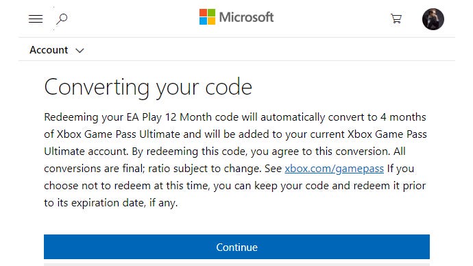 a screenshot showing the EA Play subscription being converted to Game Pass Ultimate