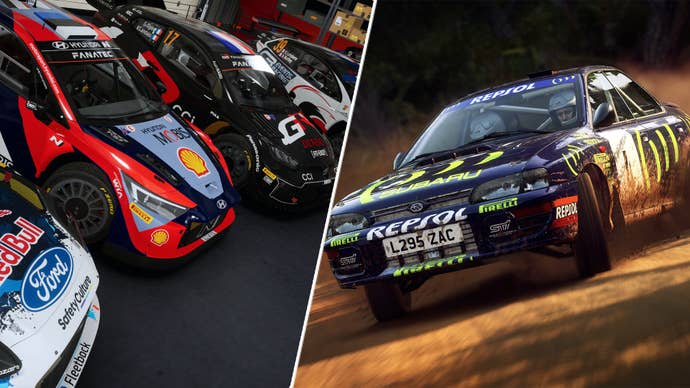 A Subaru Impreza successful Dirt Rally 2.0 other a clump of WRC cars successful EA Sports WRC.