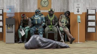 Codename Condor imagery showing four worn out looking characters in hazmat-like suits and helmets sitting on a bench in a waiting room. A body bag with a body in it lies on the floor in front of them