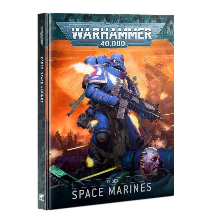 A codex book cover for Warhammer 40,000’s Space Marines, showing a single Ultramarine in armour