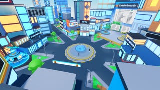 The hub world in the Roblox game Coding Simulator, which shows a city-like area with an office, stock market and more.