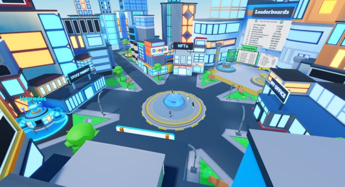 The hub world in the Roblox game Coding Simulator, which shows a city-like area with an office, stock market and more.