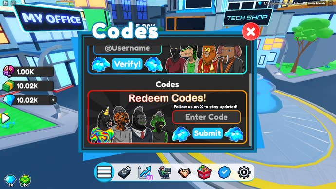 A screenshot of Coding Simulator in Roblox showing the game's codes page.