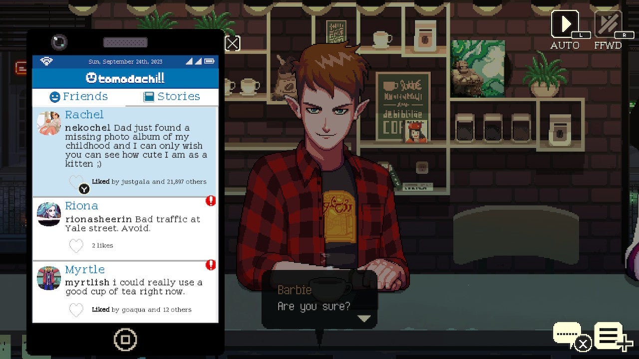 Coffee Talk 2 review - screenshot showing a character in a red plaid shirt in the background with a messaging app in the foreground on the left