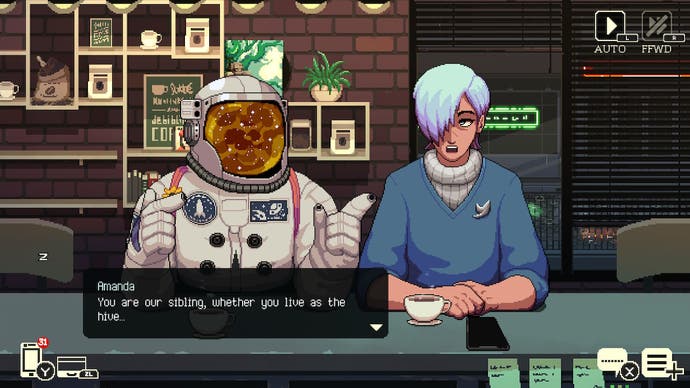 Coffee Talk 2 review - screenshot showing a person with white-blue hair talking to an astronaut with a cosmic orange orb for a face in its visor
