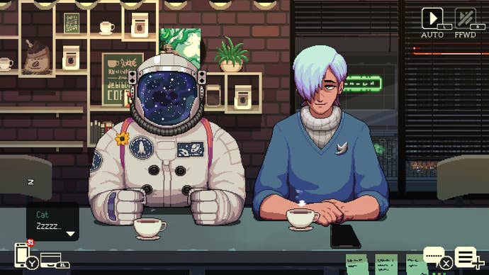 Coffee Talk 2 review - screenshot showing an astronaut with blue starry visor and a person with short pale blue hair at the counter looking straight ahead