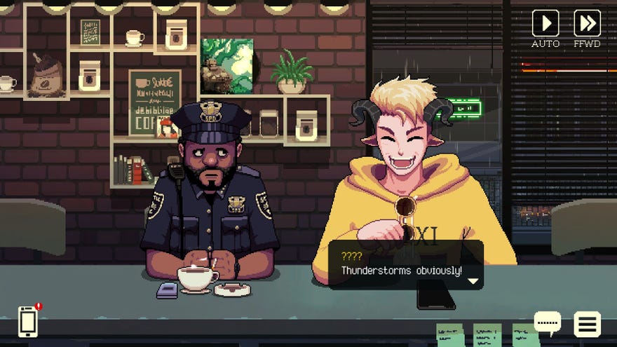 A police officer and a goat man share a late night coffee.