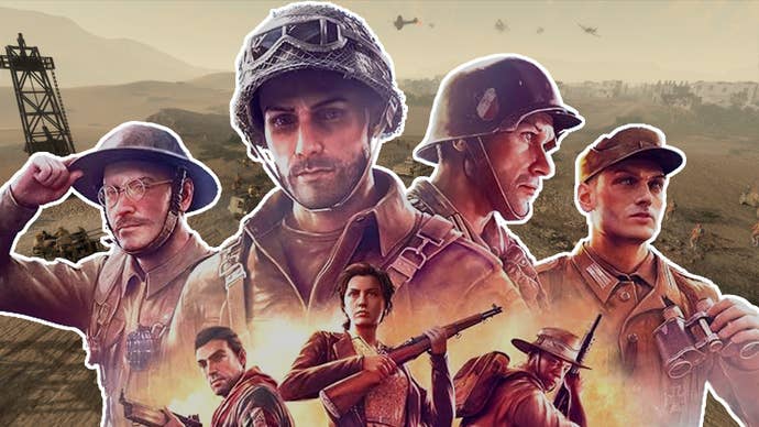 Company of Heroes 3 art showing soldiers in World War 2 superimposed over an in-game screenshot of a desert.