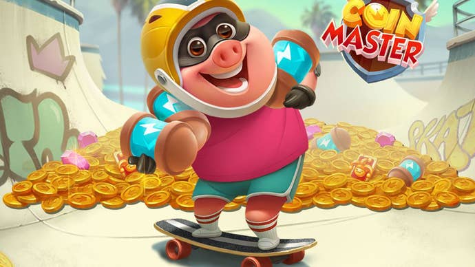 Coin Master artwork, showing the game’s cute pig mascot riding a skateboard with a huge pile of coins in the background.